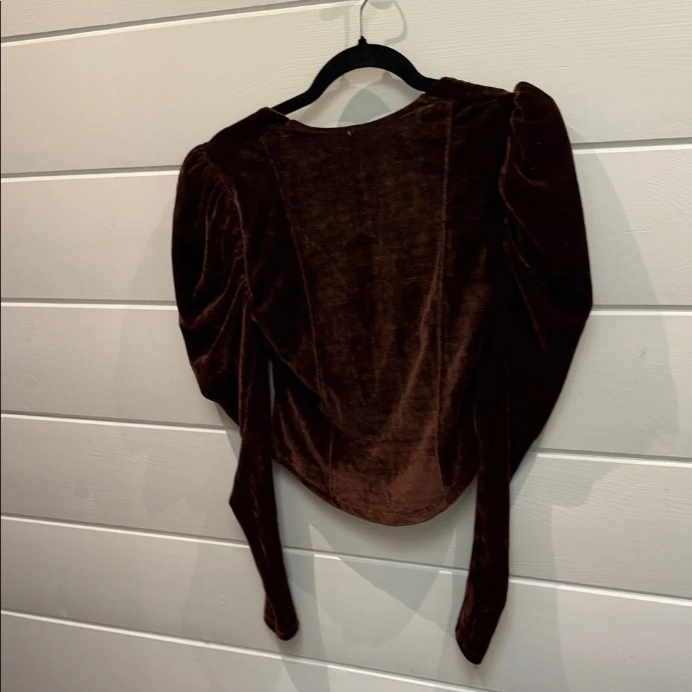 Free People Chocolate Velvet Puff Sleeve Blouse‎ XS